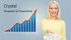  Presentation with business growth dollar - Audience pleasing PPT theme consisting of business people and finances concept - smiling young woman with growth chart and dollar money over gray background backdrop and a light blue colored foreground
