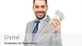  Presentation with courier business finance analysis - Slide deck featuring business people and finances concept - smiling businessman with american dollar money background and a white colored foreground