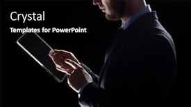  Presentation with black technology - Presentation design consisting of business people and future technology concept - close up of businessman with transparent tablet pc computer over black background and a black colored foreground