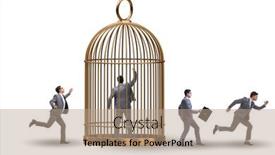  Presentation with cage - Presentation design with business-people-and-golden-cage background and a coral colored foreground