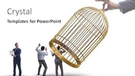  Presentation with cage - PPT theme featuring business-people-and-golden-cage background and a white colored foreground