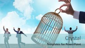  Presentation with cage - Theme consisting of business-people-and-golden-cage background and a light blue colored foreground