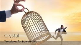  Presentation with cage - Presentation design having business-people-and-golden-cage background and a coral colored foreground