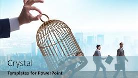  Presentation with cage - Presentation design with business-people-and-golden-cage background and a light blue colored foreground