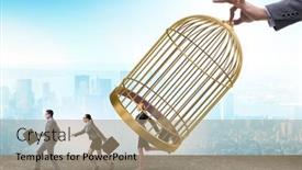  Presentation with cage - Theme consisting of business-people-and-golden-cage background and a coral colored foreground