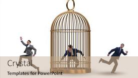  Presentation with cage - PPT theme having business-people-and-golden-cage background and a coral colored foreground