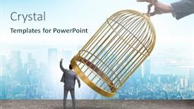  Presentation with cage - Presentation theme consisting of business-people-and-golden-cage background and a sky blue colored foreground