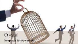  Presentation with cage - Slide deck having business-people-and-golden-cage background and a coral colored foreground