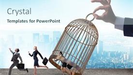  Presentation with cage - PPT theme consisting of business-people-and-golden-cage background and a sky blue colored foreground