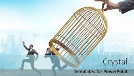  Presentation with cage - Slide deck with business-people-and-golden-cage background and a light blue colored foreground