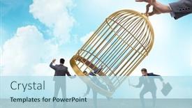  Presentation with cage - Presentation theme consisting of business-people-and-golden-cage background and a sky blue colored foreground