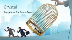  Presentation with cage - Slide deck with business-people-and-golden-cage background and a cool aqua colored foreground