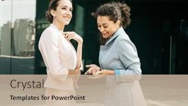  Presentation with women meeting - Presentation design enhanced with business-people-and-lifestyle-concept background and a soft green colored foreground