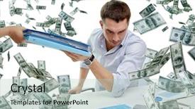  Presentation with people falling - Slide set with business people and paperwork concept - businessman taking folder with papers from secretary over falling money background background and a mint green colored foreground