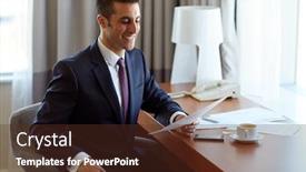  Presentation with business hotel - Cool new slide set with business people and paperwork concept - businessman with papers working at hotel room backdrop and a tawny brown colored foreground