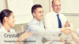  Presentation with partnership - Cool new presentation theme with business people and partnership concept - smiling business team shaking hands and applauding in office backdrop and a lemonade colored foreground