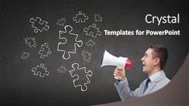  Presentation with public speaking - PPT layouts consisting of happy businessman in suit speaking background and a dark gray colored foreground