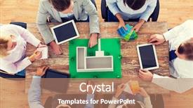  Presentation with team work - Colorful slides enhanced with business people and team work backdrop and a coral colored foreground