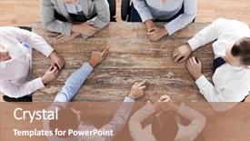  Presentation with team work - Cool new PPT theme with business people and team work concept - close up of creative team sitting at table and pointing finger to something in office backdrop and a coral colored foreground
