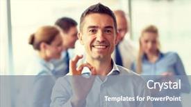  Presentation with business group meeting - Colorful PPT theme enhanced with business people and teamwork concept - smiling businessman showing ok gesture with group of businesspeople meeting in office backdrop and a gray colored foreground