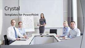  Presentation with business group meeting - Slide deck enhanced with business people and teamwork concept - group of smiling businesspeople meeting on presentation in office background and a light gray colored foreground