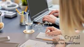  Presentation with notebook design - PPT theme with business-people-and-technology-concept background and a coral colored foreground