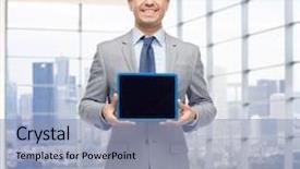  Presentation with black technology - Beautiful PPT layouts featuring business people and technology concept - happy smiling businessman in suit showing tablet pc computer black blank screen over city office room window background backdrop and a light blue colored foreground