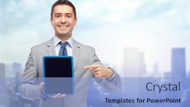  Presentation with black technology - Theme having business people and technology concept - happy smiling businessman in suit showing tablet pc computer black blank screen over city background background and a light blue colored foreground