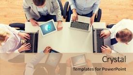  Presentation with displaying - Slide deck featuring business people and technology concept - close up of creative team with laptop and tablet pc computers displaying charts on screens sitting at table in office background and a coral colored foreground