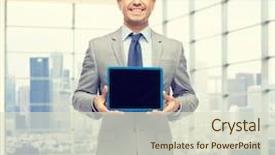  Presentation with black technology - Slide deck featuring business people and technology concept - happy smiling businessman in suit showing tablet pc computer black blank screen over city office room window background background and a soft green colored foreground