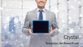  Presentation with black technology - Slide deck with business people and technology concept - happy smiling businessman in suit showing tablet pc computer black blank screen over city office window background and snow effect background and a light gray colored foreground
