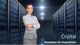  Presentation with server - Audience pleasing theme consisting of business people and technology concept - smiling businesswoman over server room background backdrop and a navy blue colored foreground