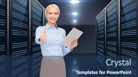  Presentation with server - Slides having business people and technology concept - happy smiling businesswoman holding tablet pc computer over futuristic server room background background and a ocean colored foreground