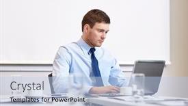  Presentation with front office - PPT theme featuring business people and work concept - businessman with laptop computer sitting in office in front of whiteboard background and a light blue colored foreground