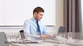  Presentation with front office - Amazing slide set having business people and work concept - businessman with laptop computer sitting in office in front of whiteboard backdrop and a light gray colored foreground