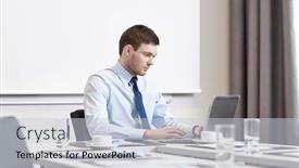  Presentation with front office - PPT layouts with business people and work concept - businessman with laptop computer sitting in office in front of whiteboard background and a lemonade colored foreground