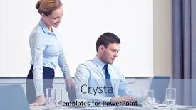  Presentation with people - Theme featuring business people and work concept - businessman and secretary with laptop working in office background and a light blue colored foreground