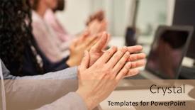  Presentation with computer workshop - Presentation design featuring business-people-applaud background and a coral colored foreground