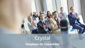  Presentation with public - Audience pleasing slides consisting of business people applauding for public backdrop and a light blue colored foreground