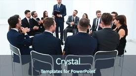  Presentation with coach - PPT theme with business people applauding the coach background and a tawny brown colored foreground