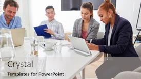  Presentation with team meeting - Slides enhanced with business-people-as-a-team background and a light gray colored foreground