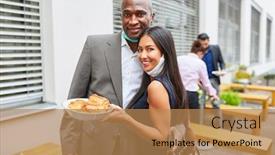  Presentation with pastries - Audience pleasing presentation consisting of business-people-as-happy-multicultural backdrop and a coral colored foreground