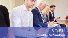  Presentation with people - Presentation theme with business-people-as-seminar-participants background and a ocean colored foreground