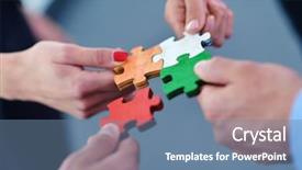  Presentation with group support - Colorful presentation theme enhanced with business people assembling jigsaw puzzle backdrop and a seafoam green colored foreground