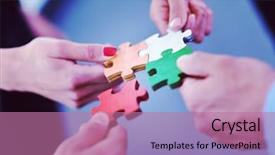  Presentation with team group - Colorful slide set enhanced with business people assembling jigsaw puzzle backdrop and a coral colored foreground