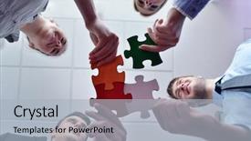  Presentation with team group - Colorful presentation enhanced with business people assembling jigsaw puzzle backdrop and a light blue colored foreground