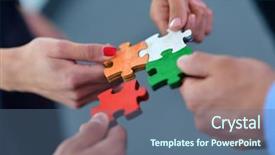  Presentation with team group - Audience pleasing theme consisting of business people assembling jigsaw puzzle backdrop and a ocean colored foreground