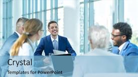  Presentation with meeting - PPT theme featuring business people at a meeting background and a light blue colored foreground