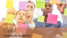  Presentation with sticky notes - Colorful PPT theme enhanced with business-people-at-brainstorming-meeting backdrop and a coral colored foreground