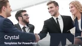  Presentation with handshake - Audience pleasing PPT theme consisting of business people at business meeting backdrop and a  colored foreground